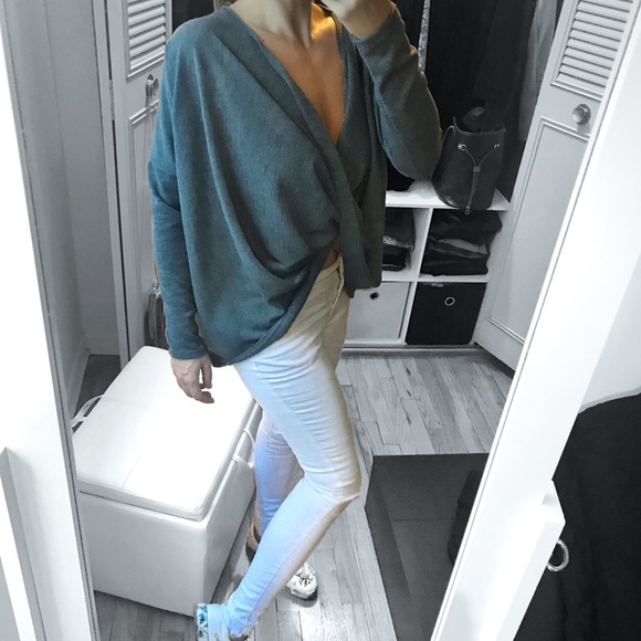 Steel Blue Draped Crossover Sweater - Picture 3 of 5